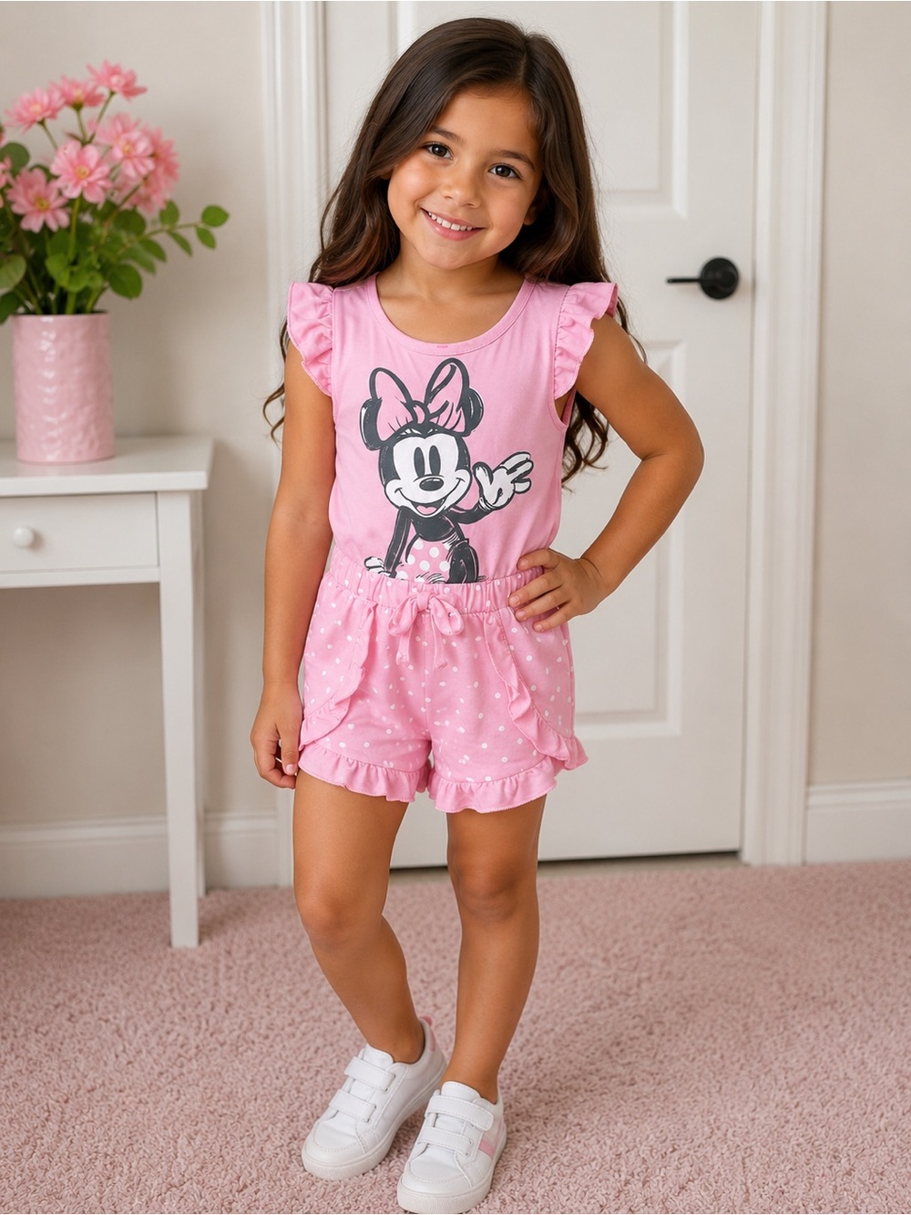 Disney Girls' Pink Minnie Mouse Ruffle Pajama Set